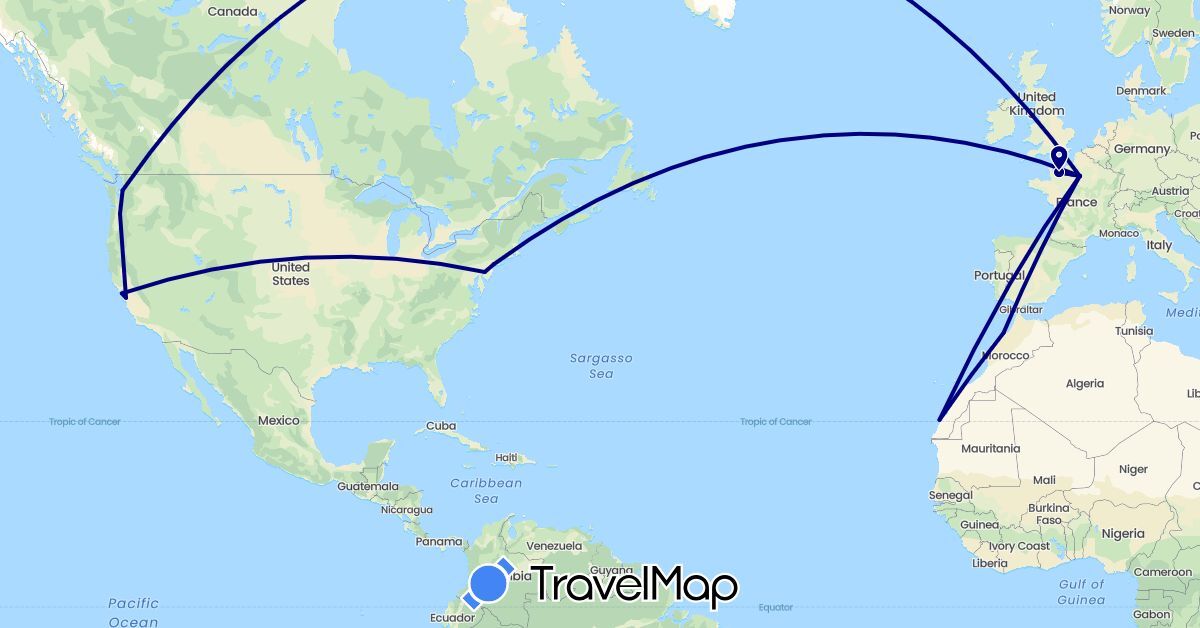 TravelMap itinerary: driving in France, Morocco, United States (Africa, Europe, North America)